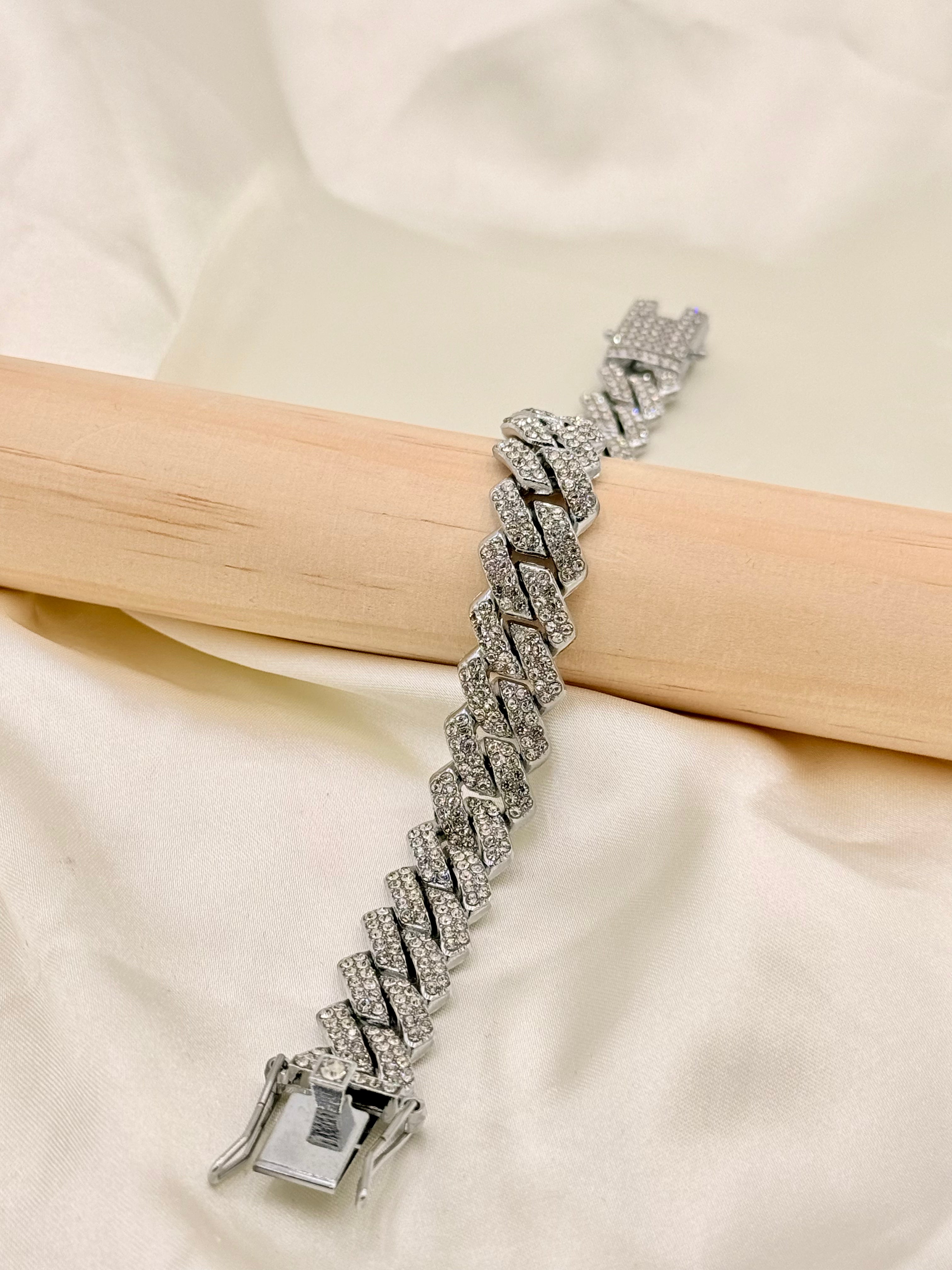Silver Tone Iced-Out Cuban Link Bracelet