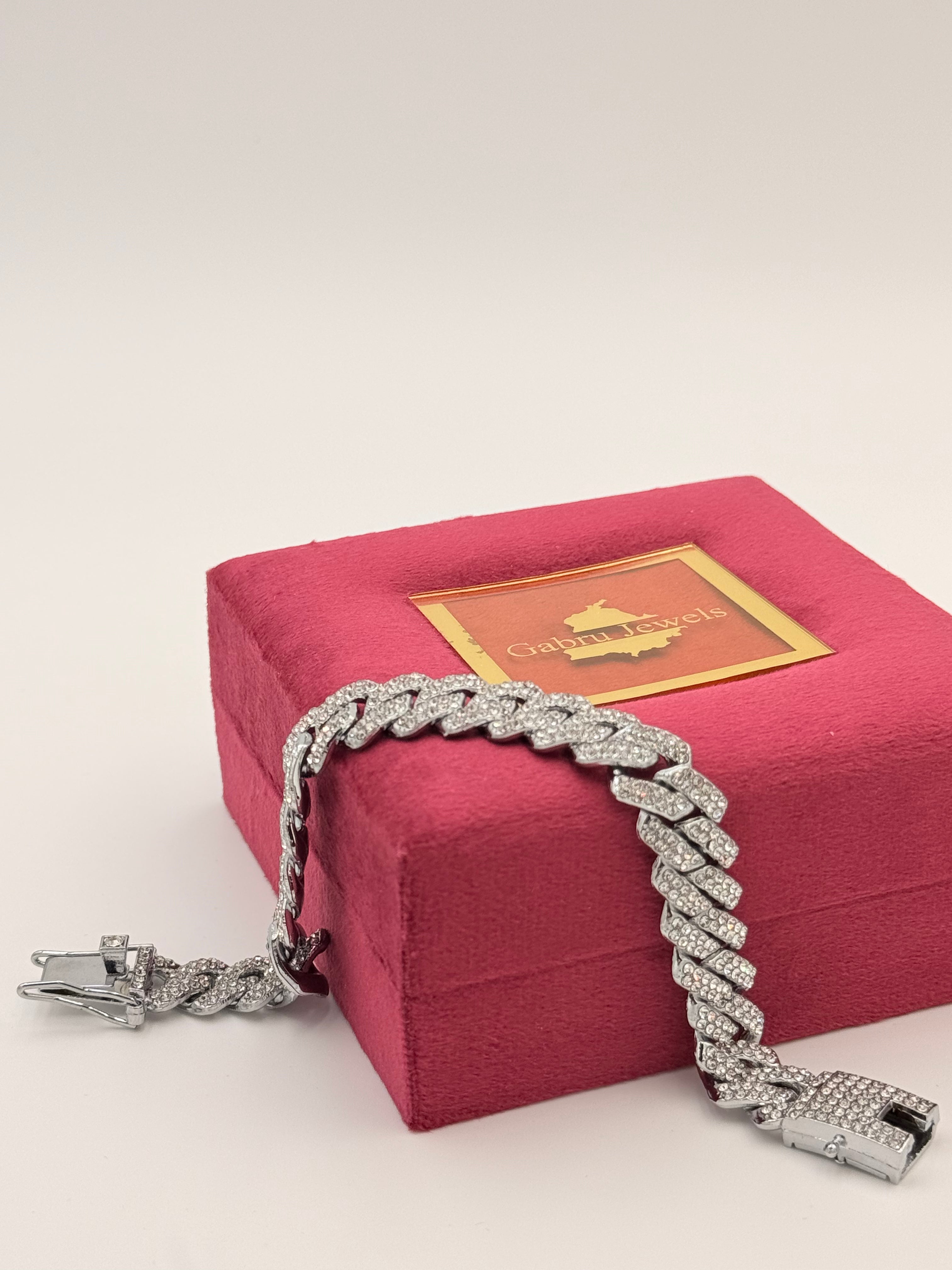 Silver Tone Iced-Out Cuban Link Bracelet
