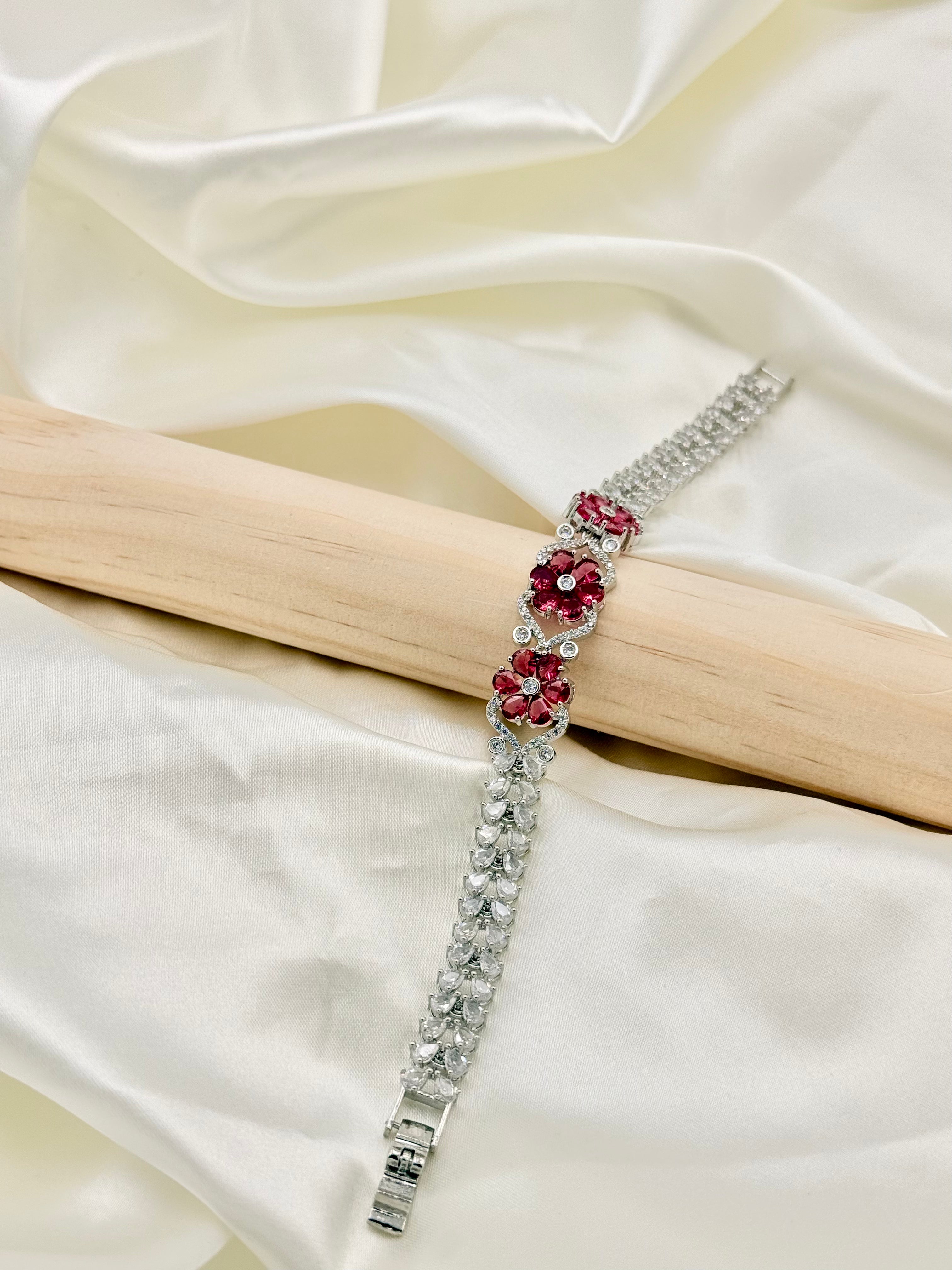 Silver Tone Ruby Floral Stone Bracelet