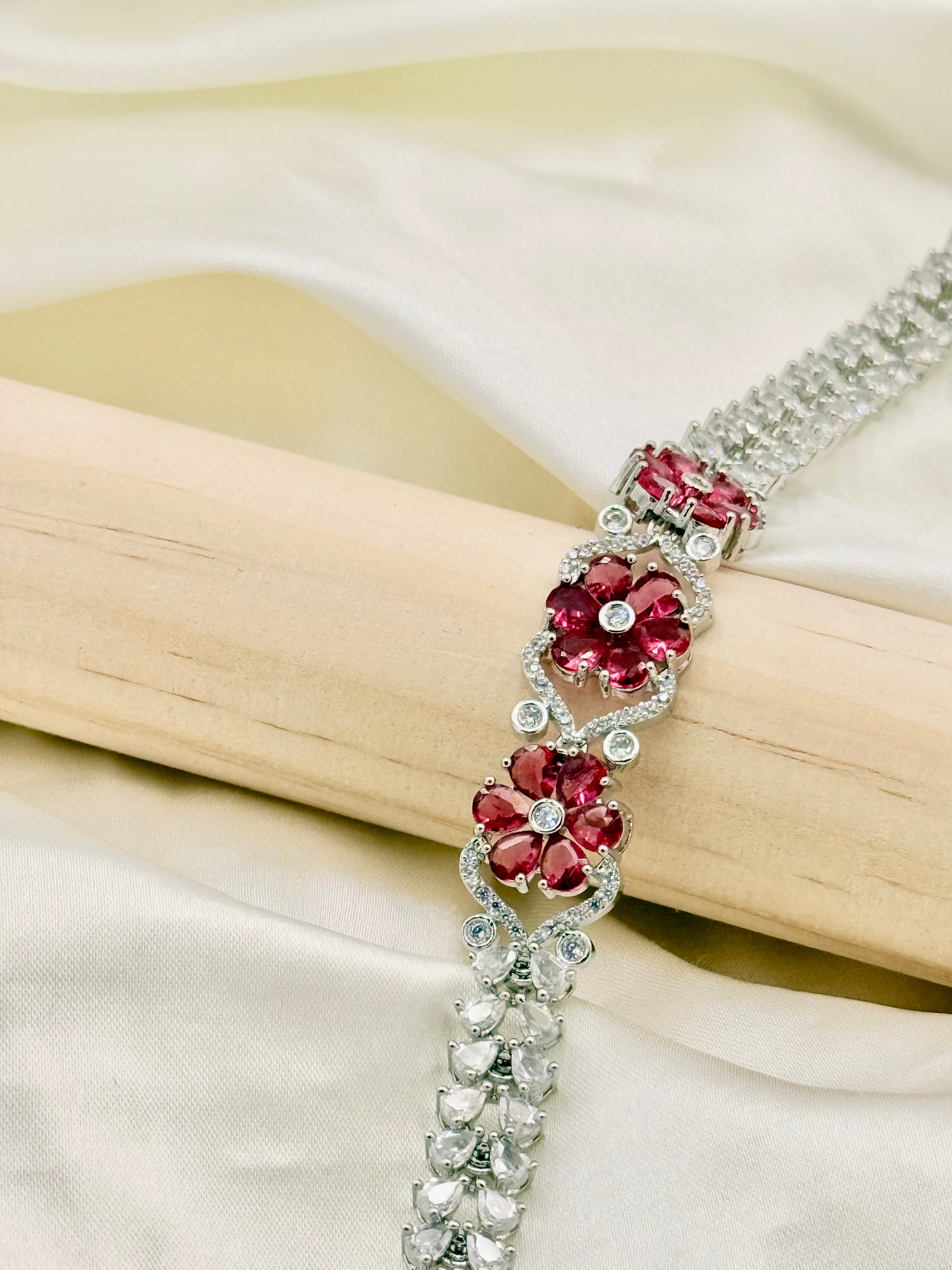Silver Tone Ruby Floral Stone Bracelet