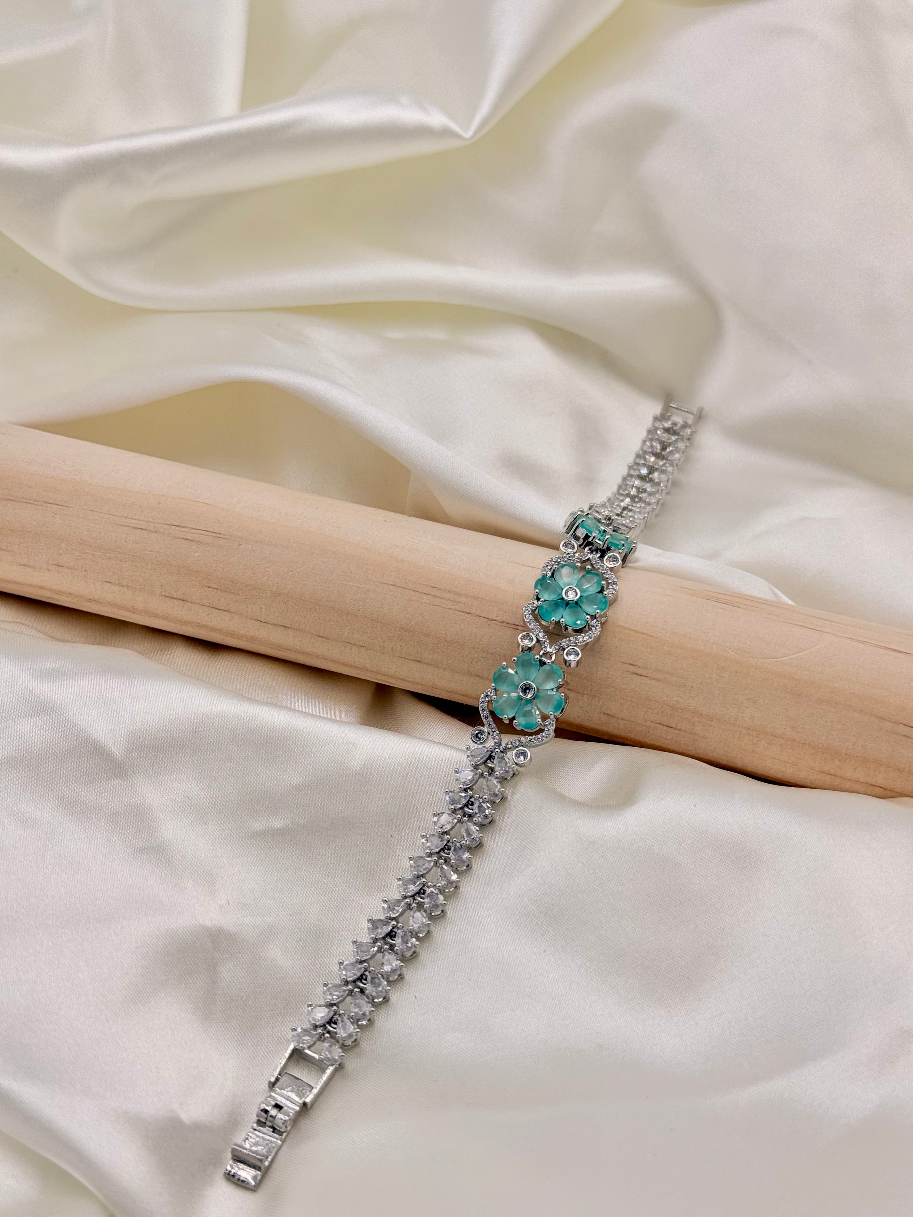 Silver Tone Aqua Floral Stone Bracelet