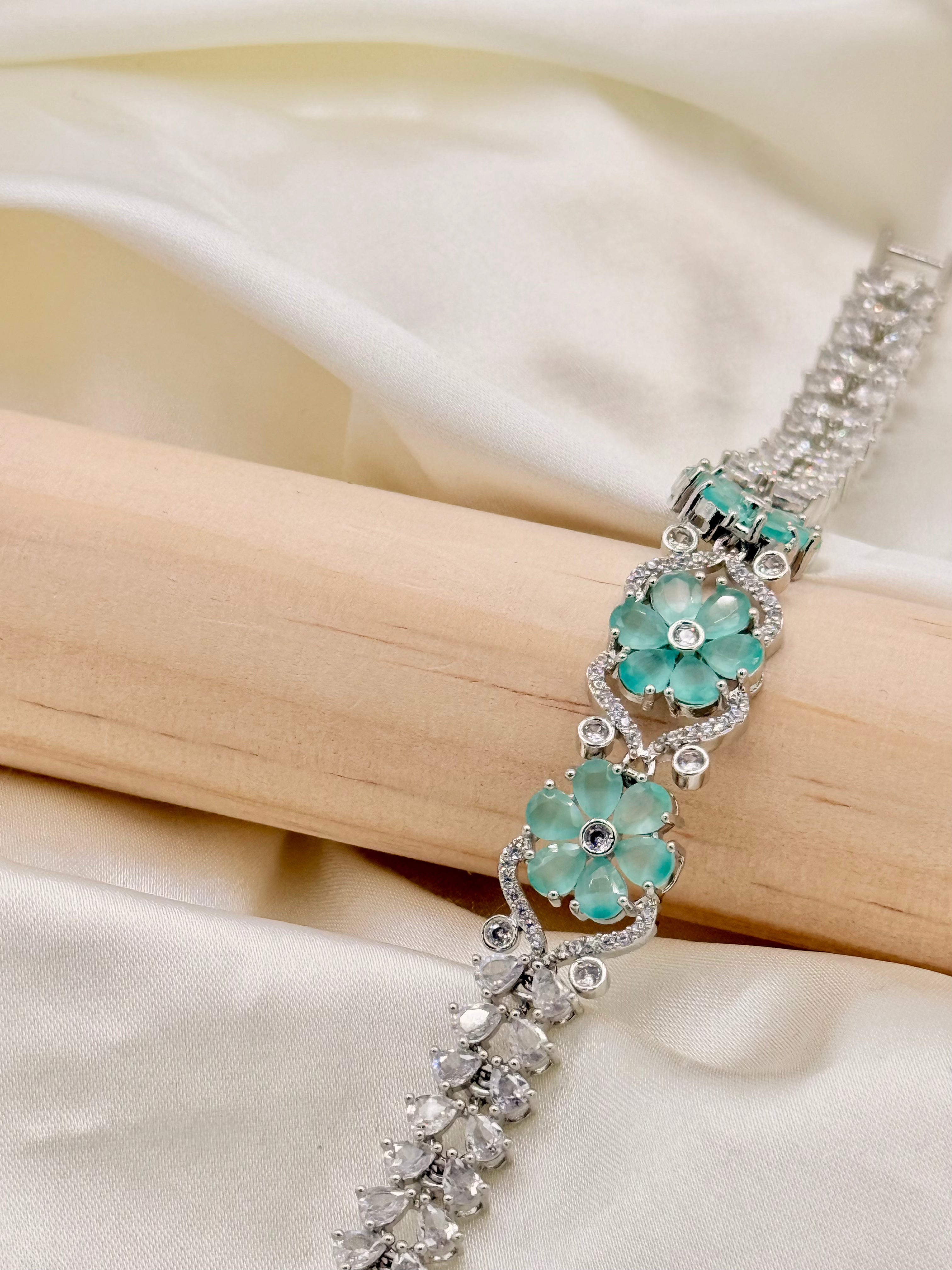 Silver Tone Aqua Floral Stone Bracelet