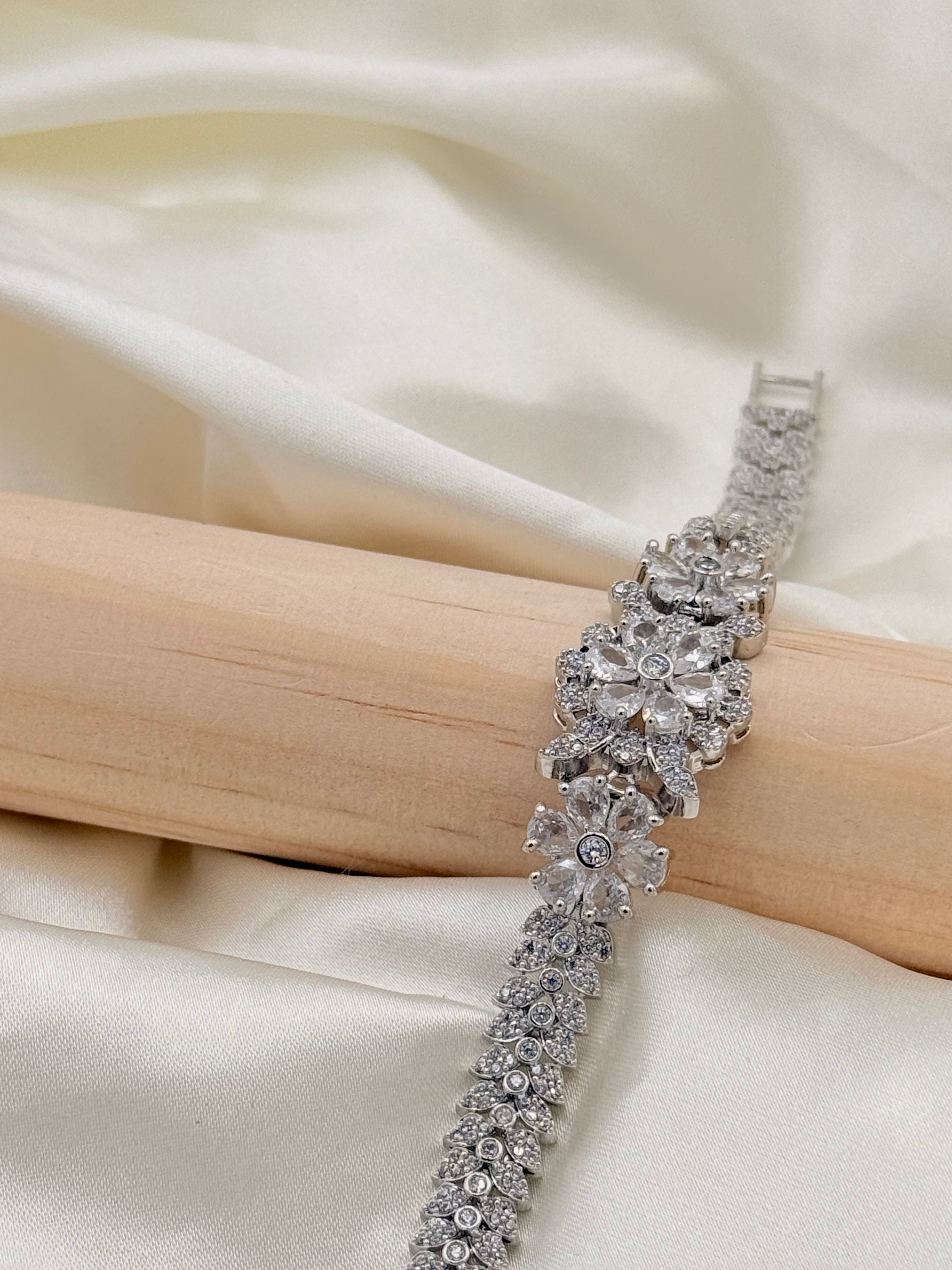 Silver Tone Crystal floral Stone Bracelet