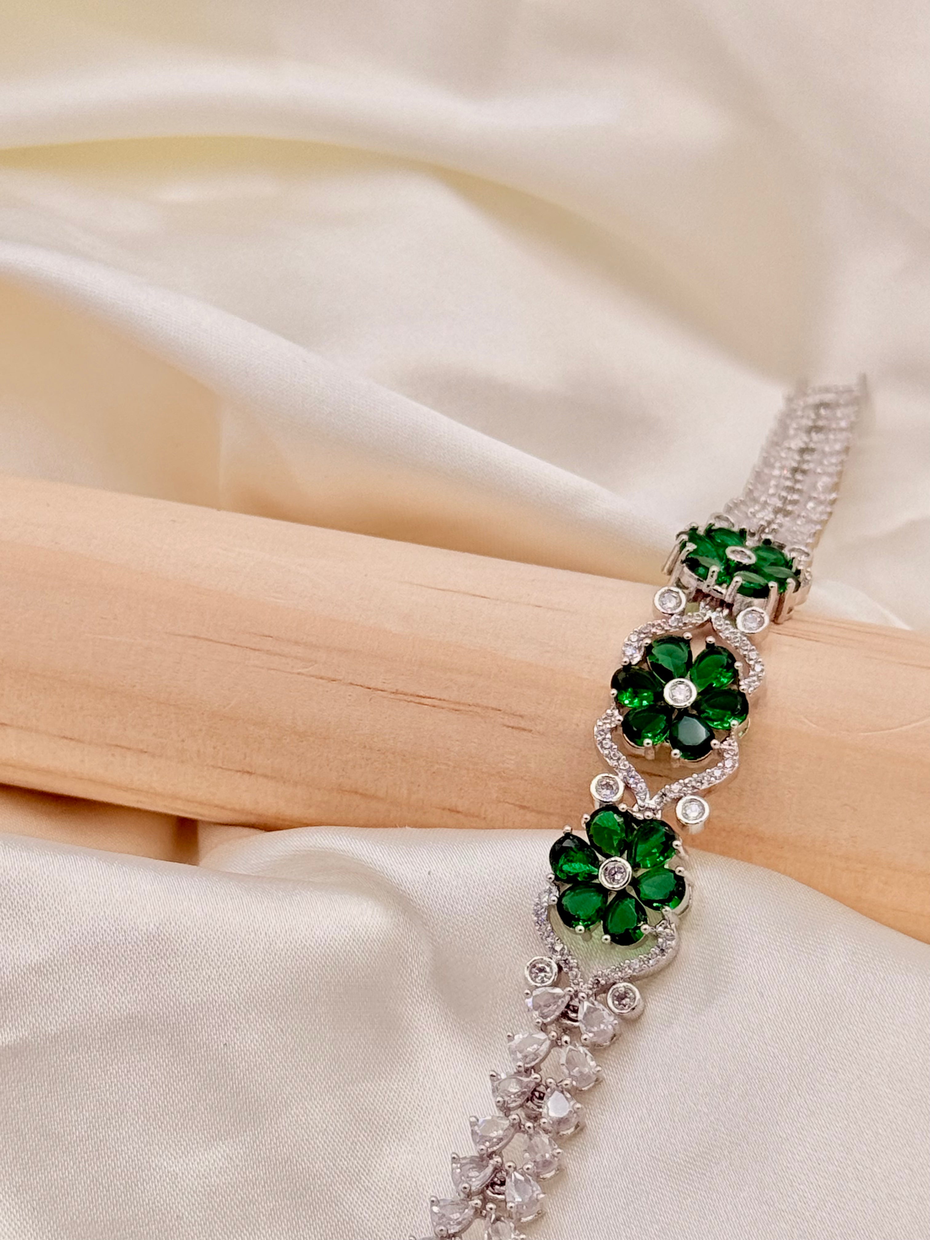 Silver Tone Emerald Green Floral Stone Bracelet