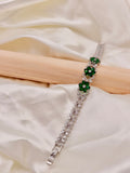 Silver Tone Emerald Green Floral Stone Bracelet