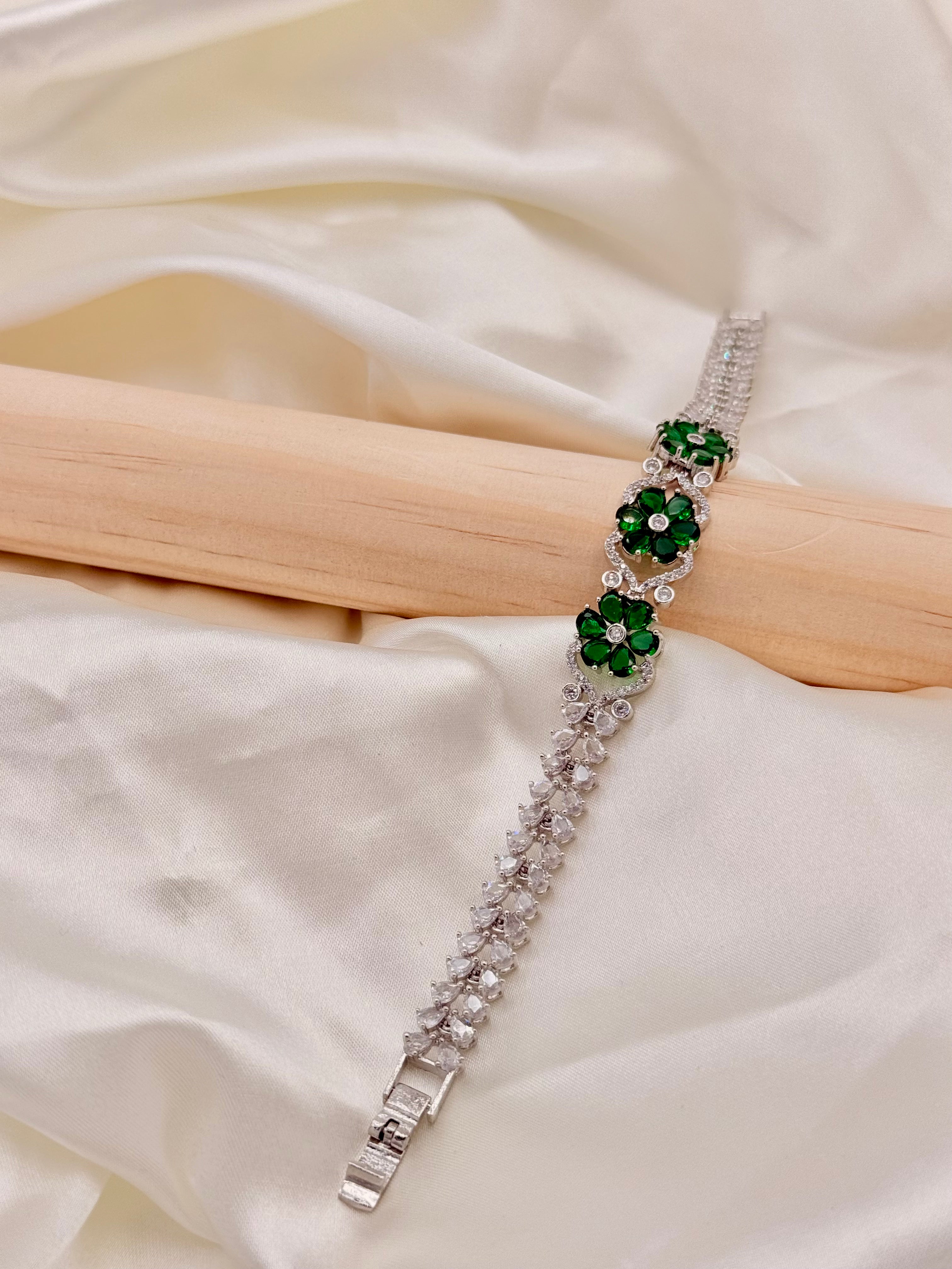 Silver Tone Emerald Green Floral Stone Bracelet
