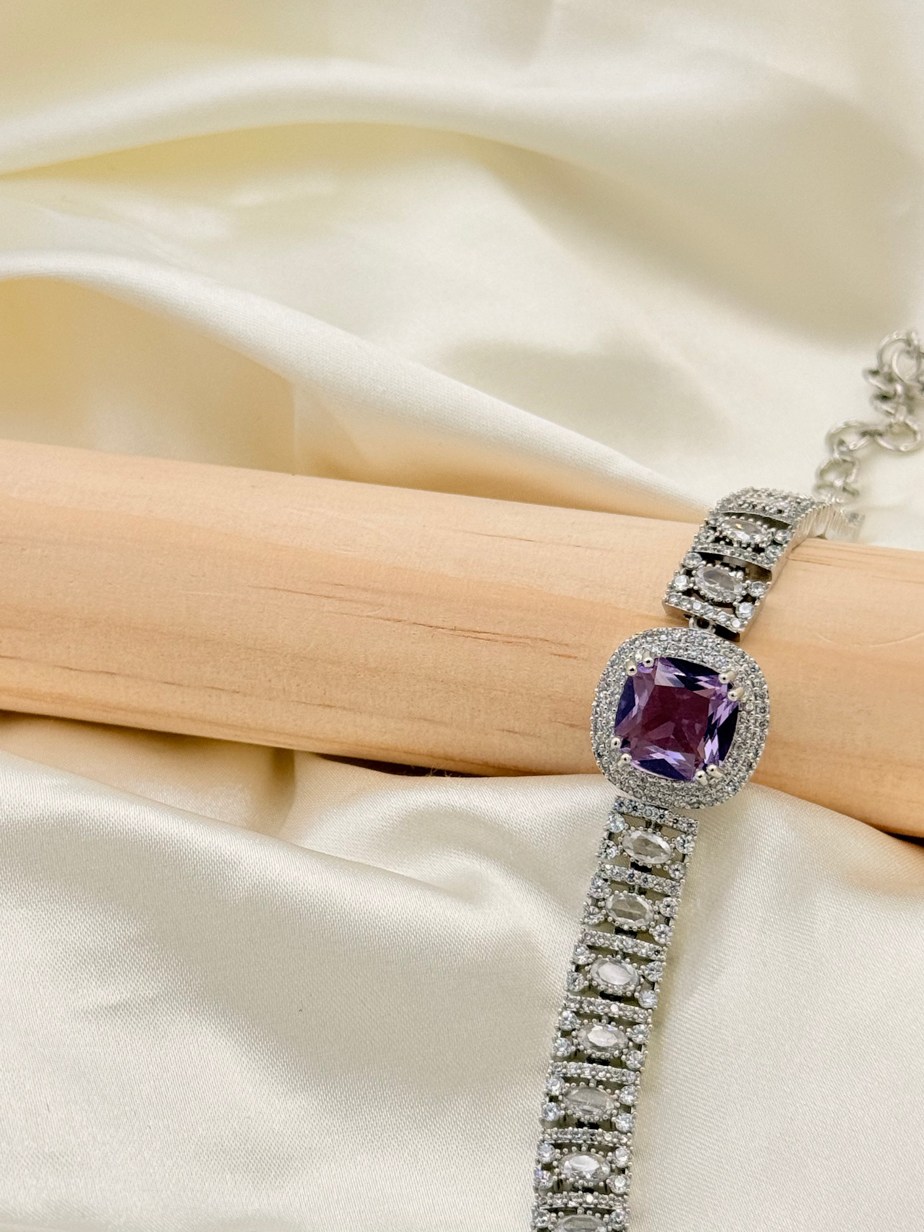 Silver Tone Purple Stone Statement Bracelet