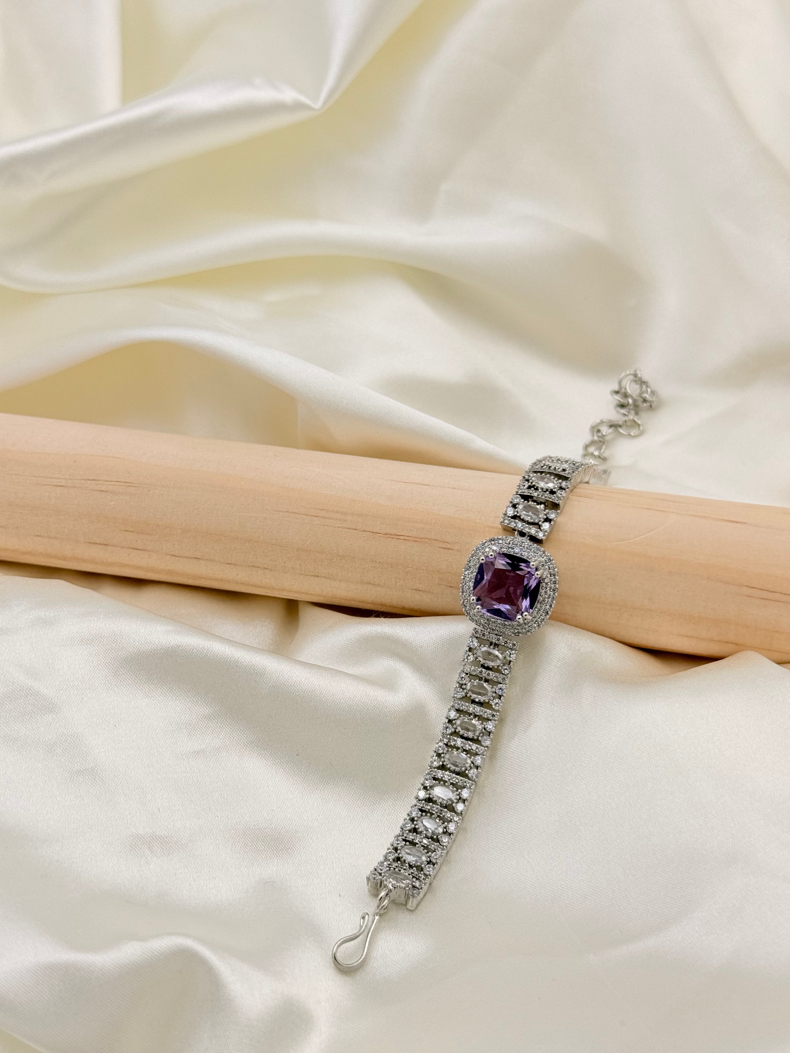Silver Tone Purple Stone Statement Bracelet