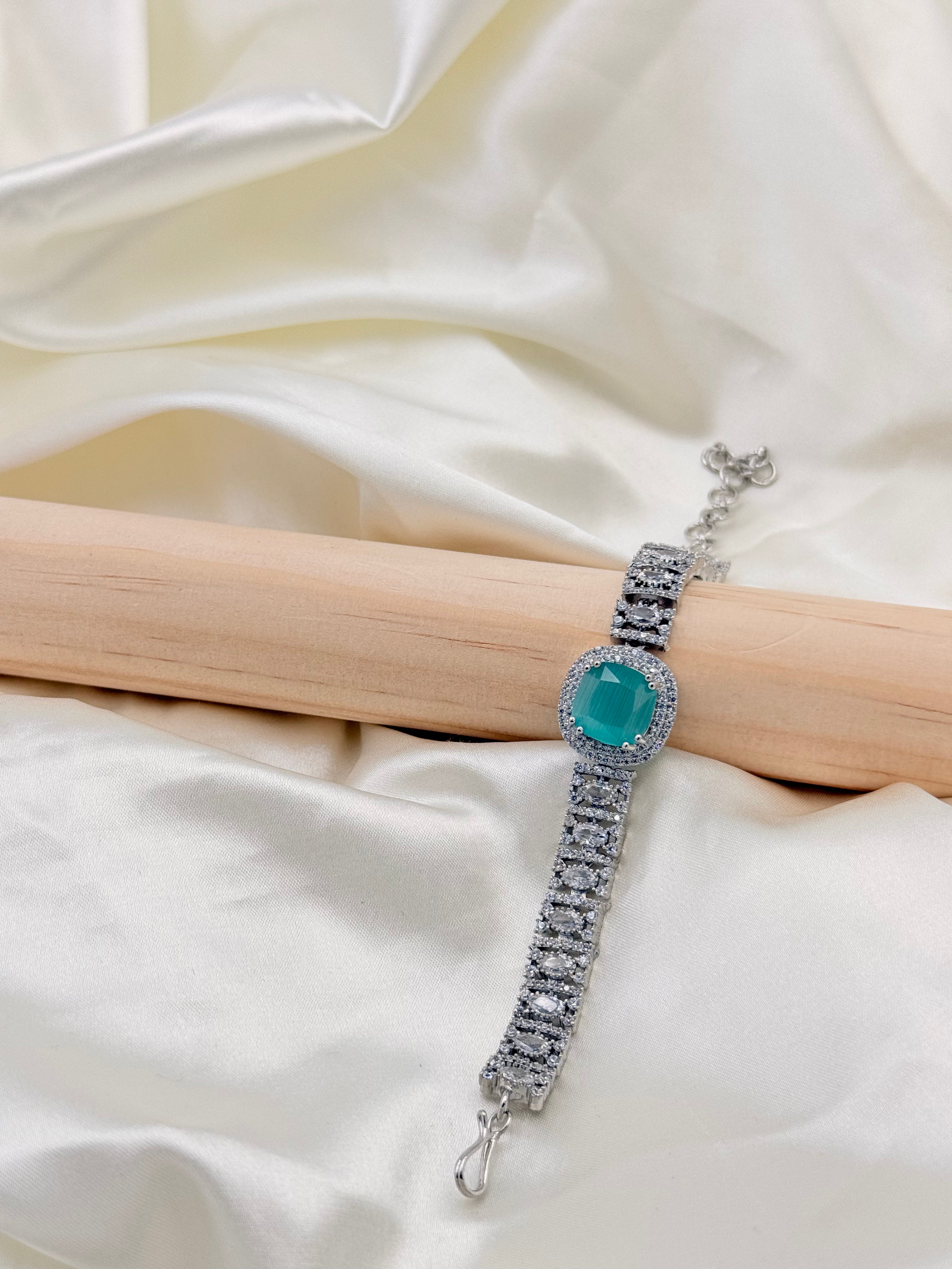 Silver Tone Aqua Stone Statement Bracelet