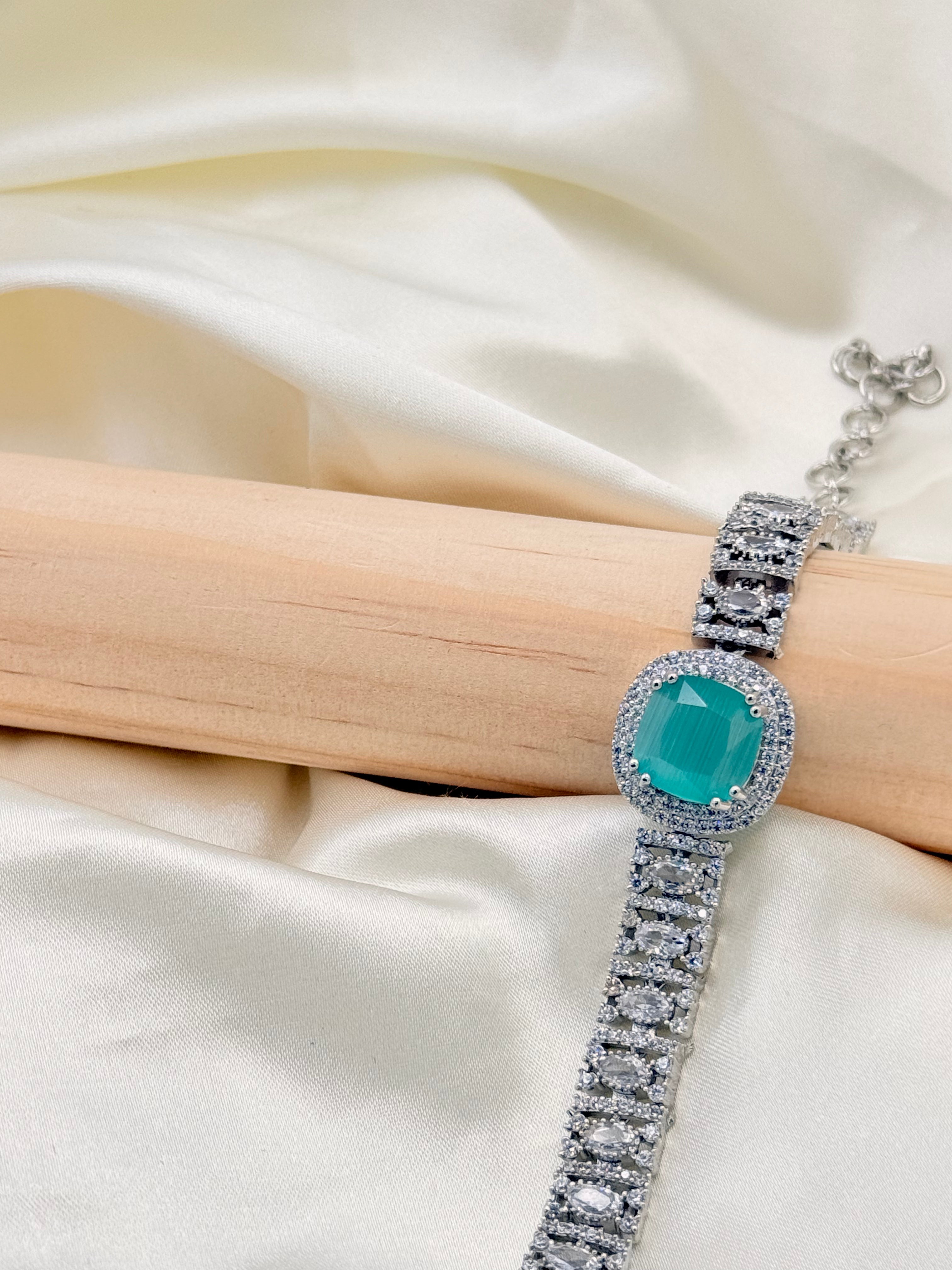 Silver Tone Aqua Stone Statement Bracelet
